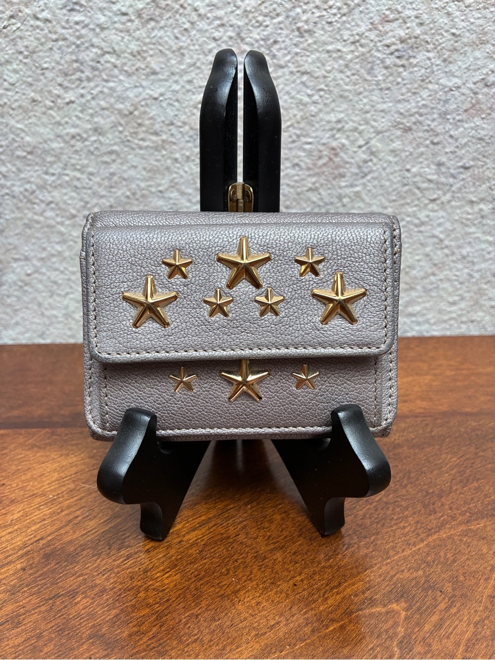 Jimmy choo Gold Star-Studded Gray Leather Women's Wallet